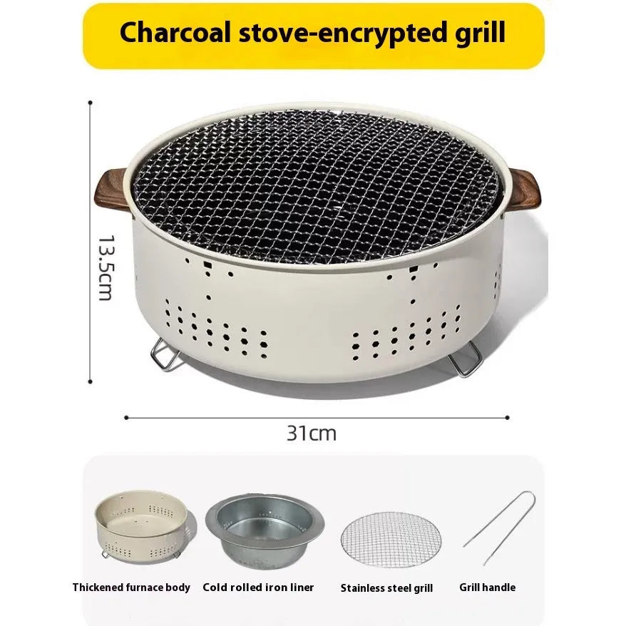 Portable indoor charcoal stove with grill rack disk for baking and tea cooking.