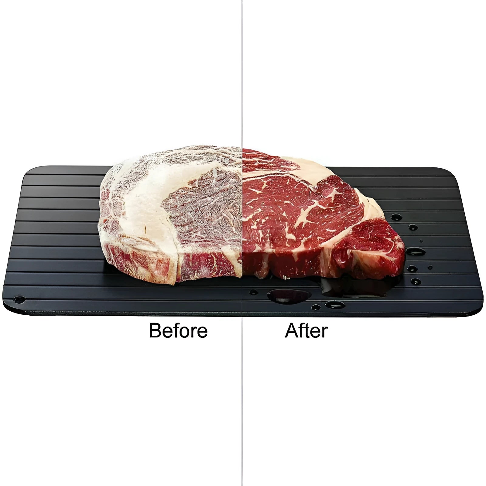 Black rectangular aluminium fast defrost tray for thawing frozen food on a kitchen counter.