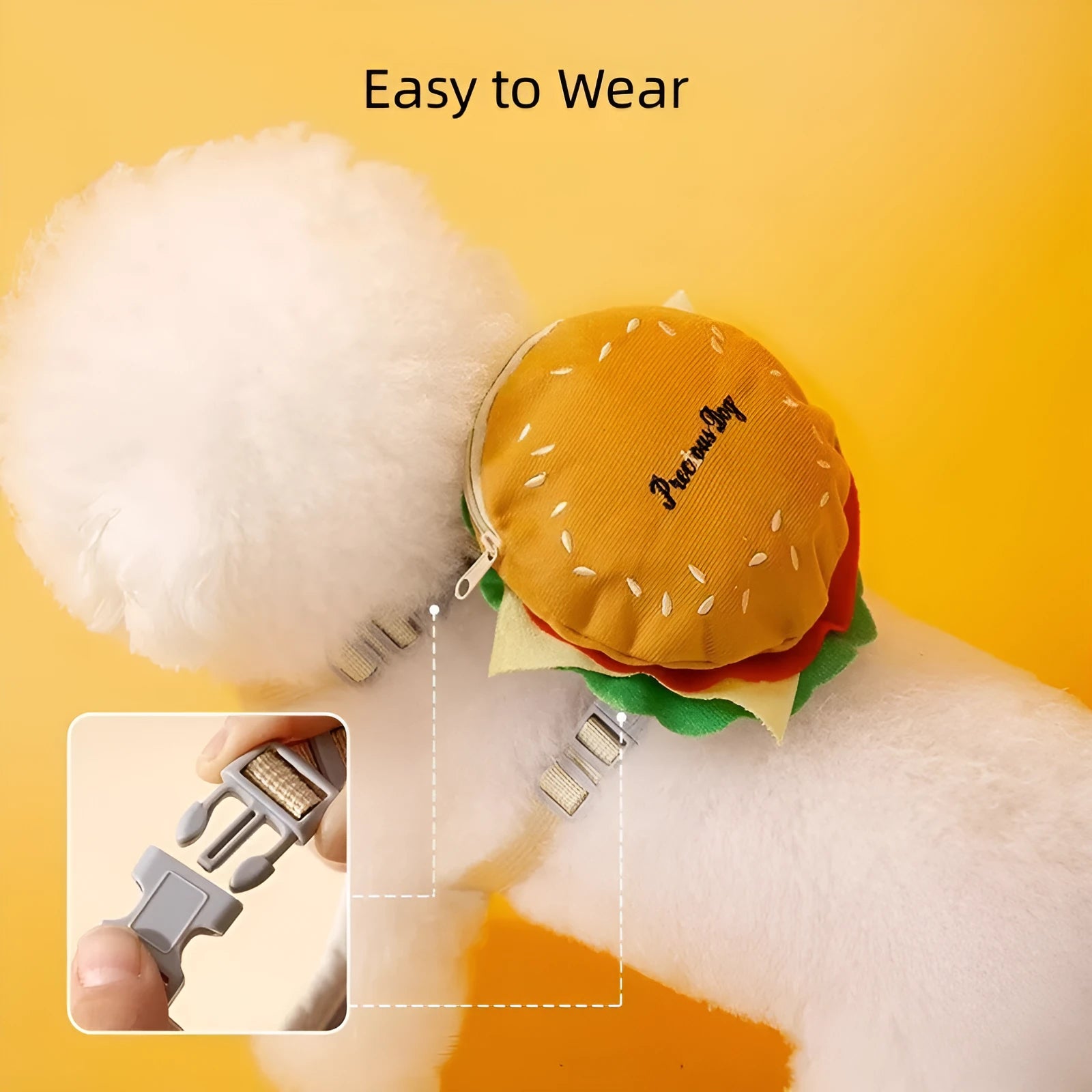 Cartoon hamburger print adjustable vest leash for a small dog, showing backpack-style escape-proof design.