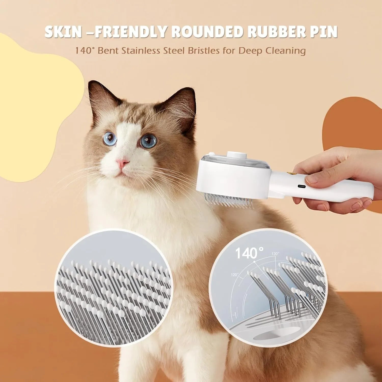 Pink and white cat steam brush with spray tank, stainless steel bent bristles, and a one-click hair removal button.