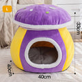 Grey mushroom-shaped plush cat bed with a detachable blanket and rabbit plush lining