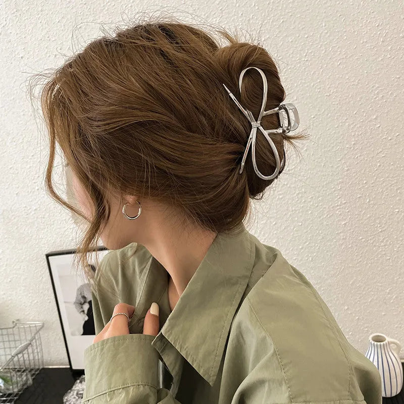 Korean style bow barrette hair clip in gold or silver alloy for women's hairstyles