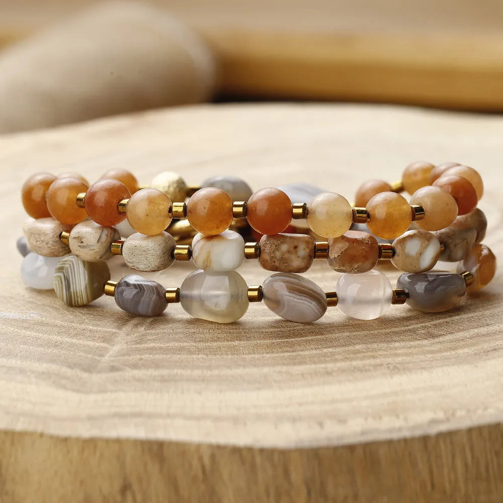 Hand-woven Persian Gulf agate multi-layer bracelet with geometric texture patterns
