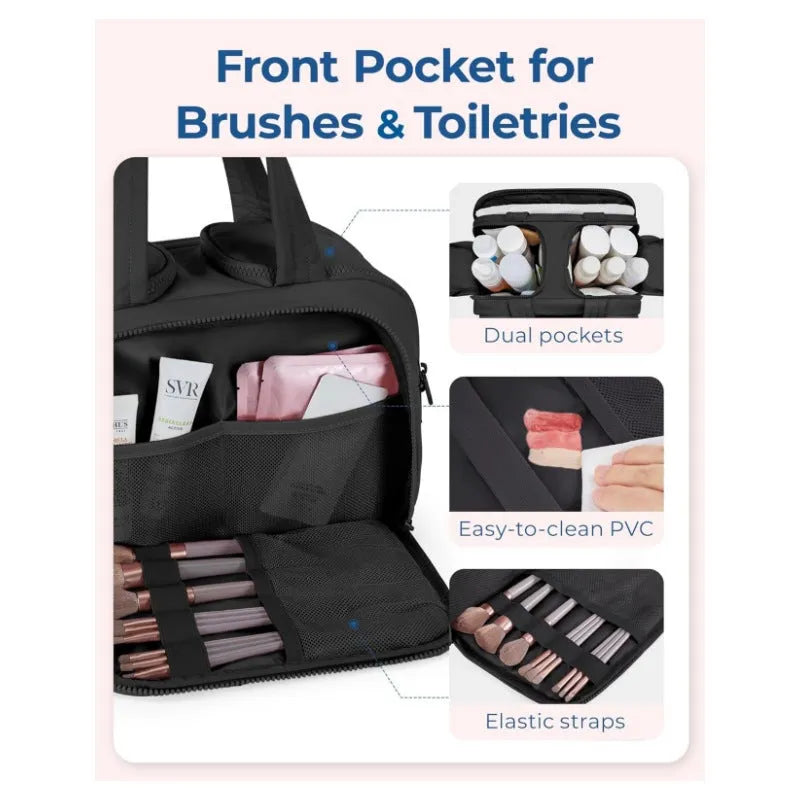 Large open travel toiletry bag in polyester showing beige colour, dimensions 29.97 x 18.54 x 21.08cm.