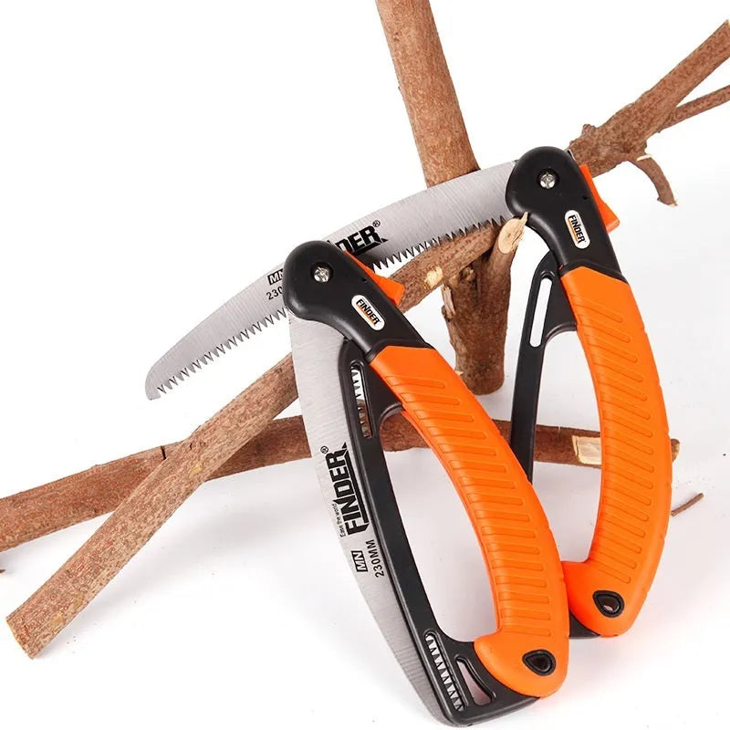 A folded garden hand saw with a TPR grip and a 9-inch 65MN steel blade.