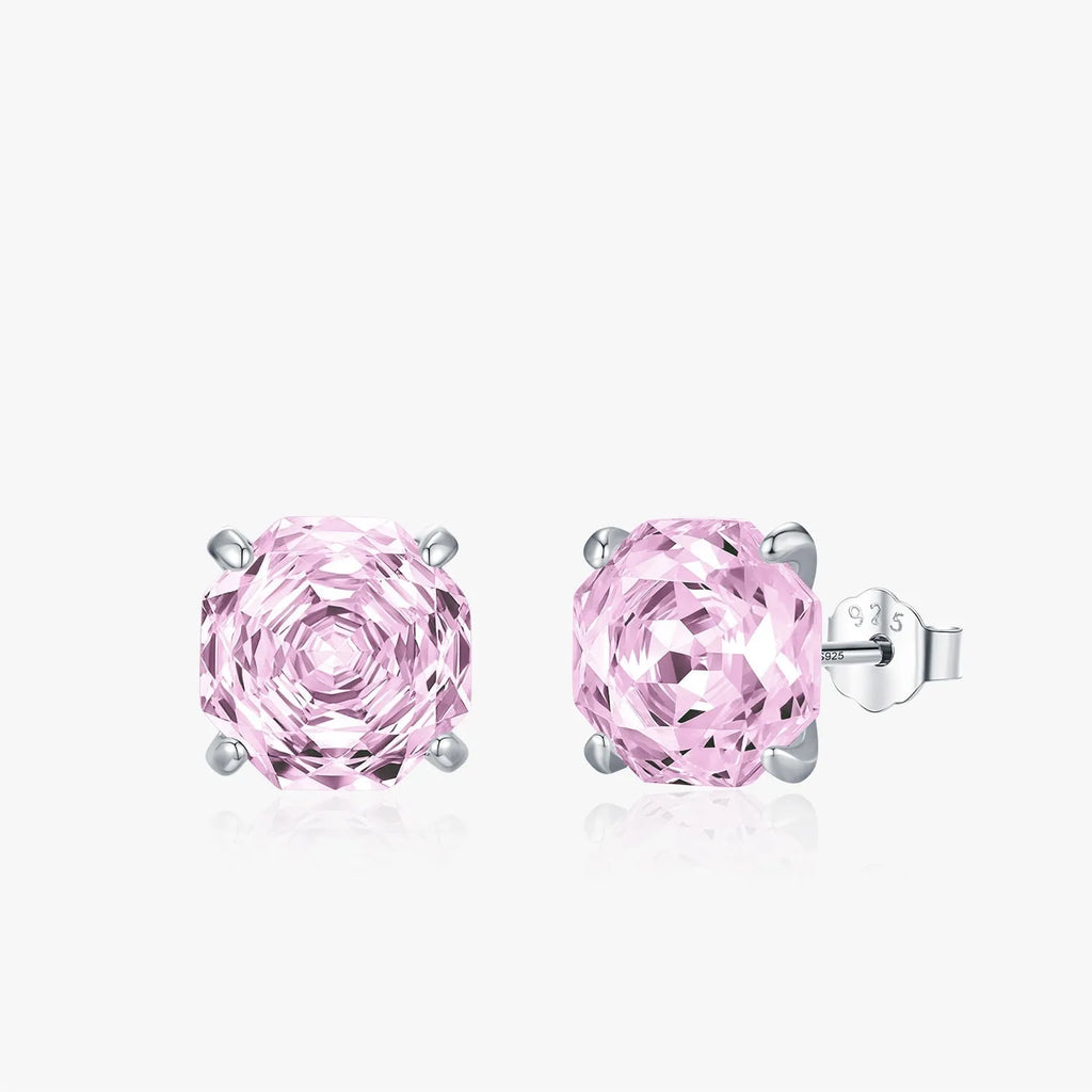 Pink S925 sterling silver rose stud earrings for women in 6mm and 8mm sizes with alloy posts.