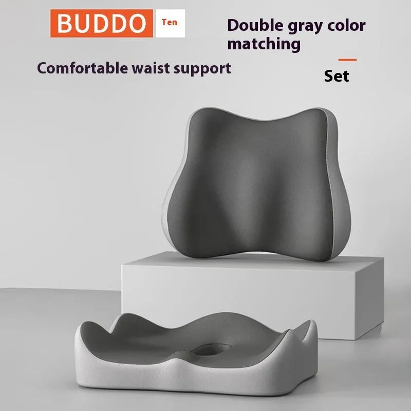 Solid-colour office seat cushion with memory foam for waist and tailbone support, shown in a blue and grey colour combination.