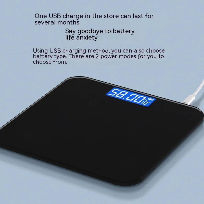 USB rechargeable electronic body weight scale in cross black, rose red, or white.