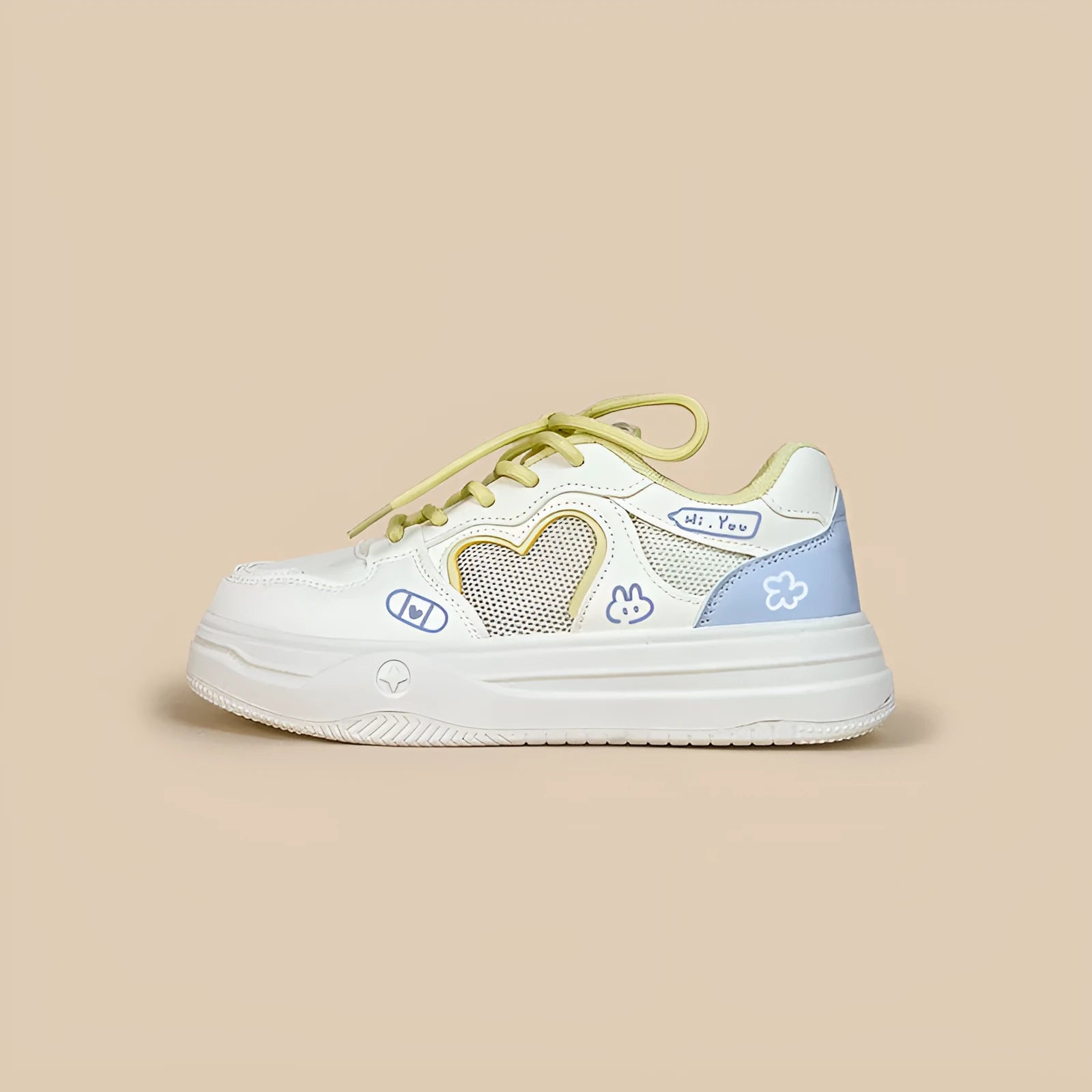 Korean style mesh sneakers in Meow Rabbit Sea Salt Cheese colour with lace-up closure