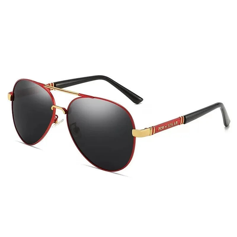 Men's polarised sunglasses with metal frame in gold, shown with grey lenses.