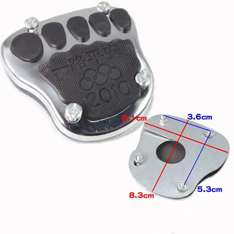 Metal motorcycle brake pedal skid plate showing three style variations for different vehicle types