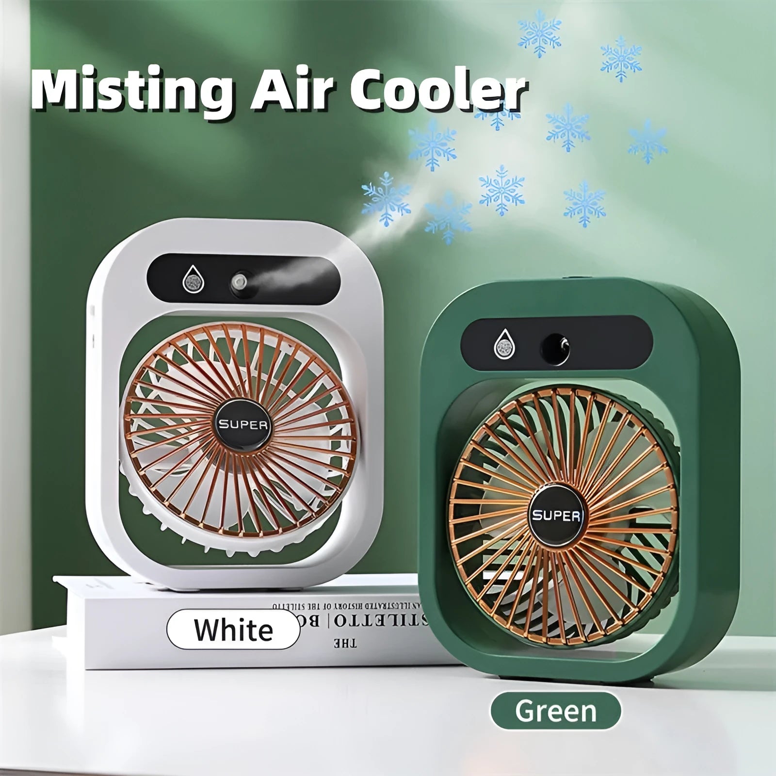 Green and white USB portable misting fan air cooler humidifier on a desk