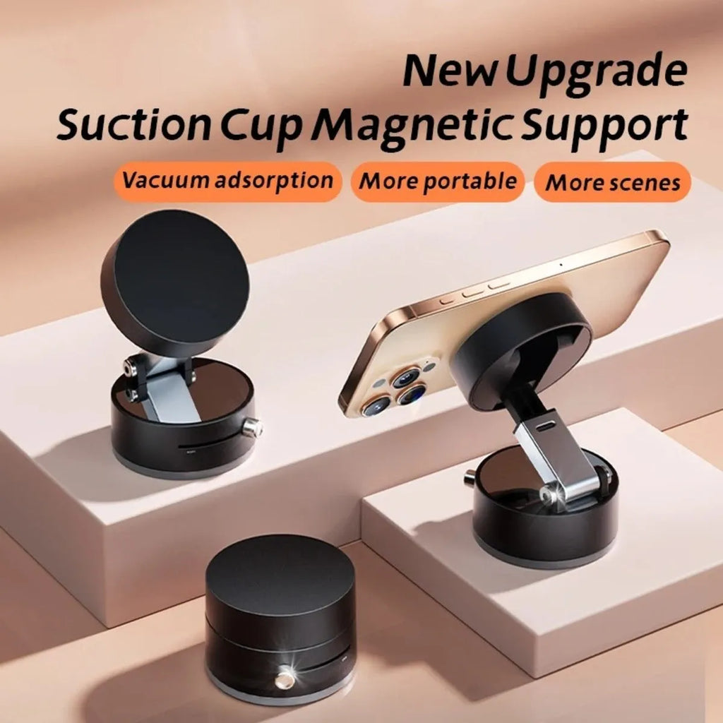 Black car phone mount with vacuum suction cup and magnetic attachment on dashboard