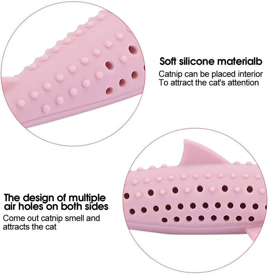 Green silicone fish-shaped cat chew toy with breathable side holes for catnip scent