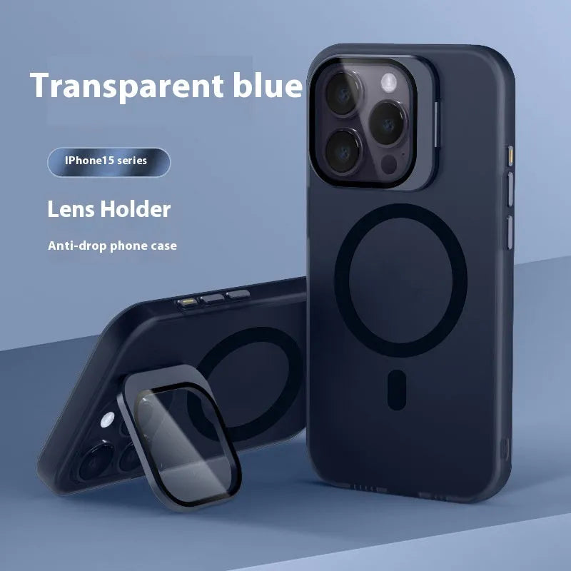 Magnetic bracket phone case for iPhone 14 Pro in transparent black with invisible stand