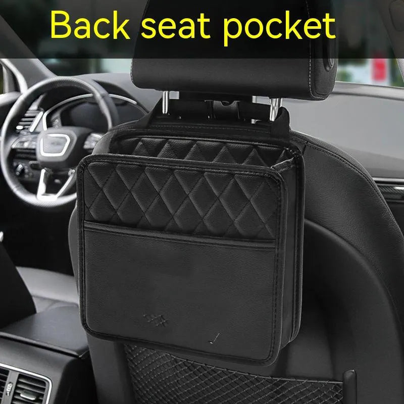 Black leather hanging storage bag for car interior, shown with dimensions