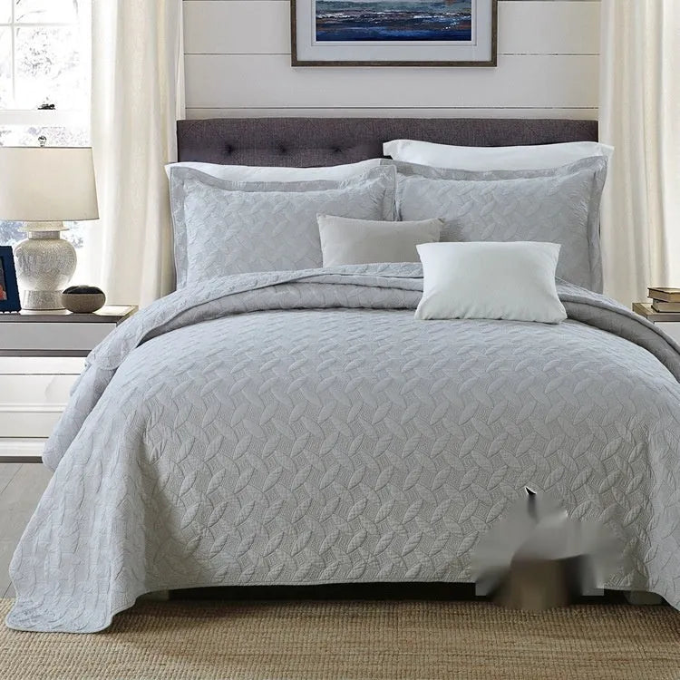 Pure cotton bed cover three-piece set showing bedspread-style design with solid colour pattern