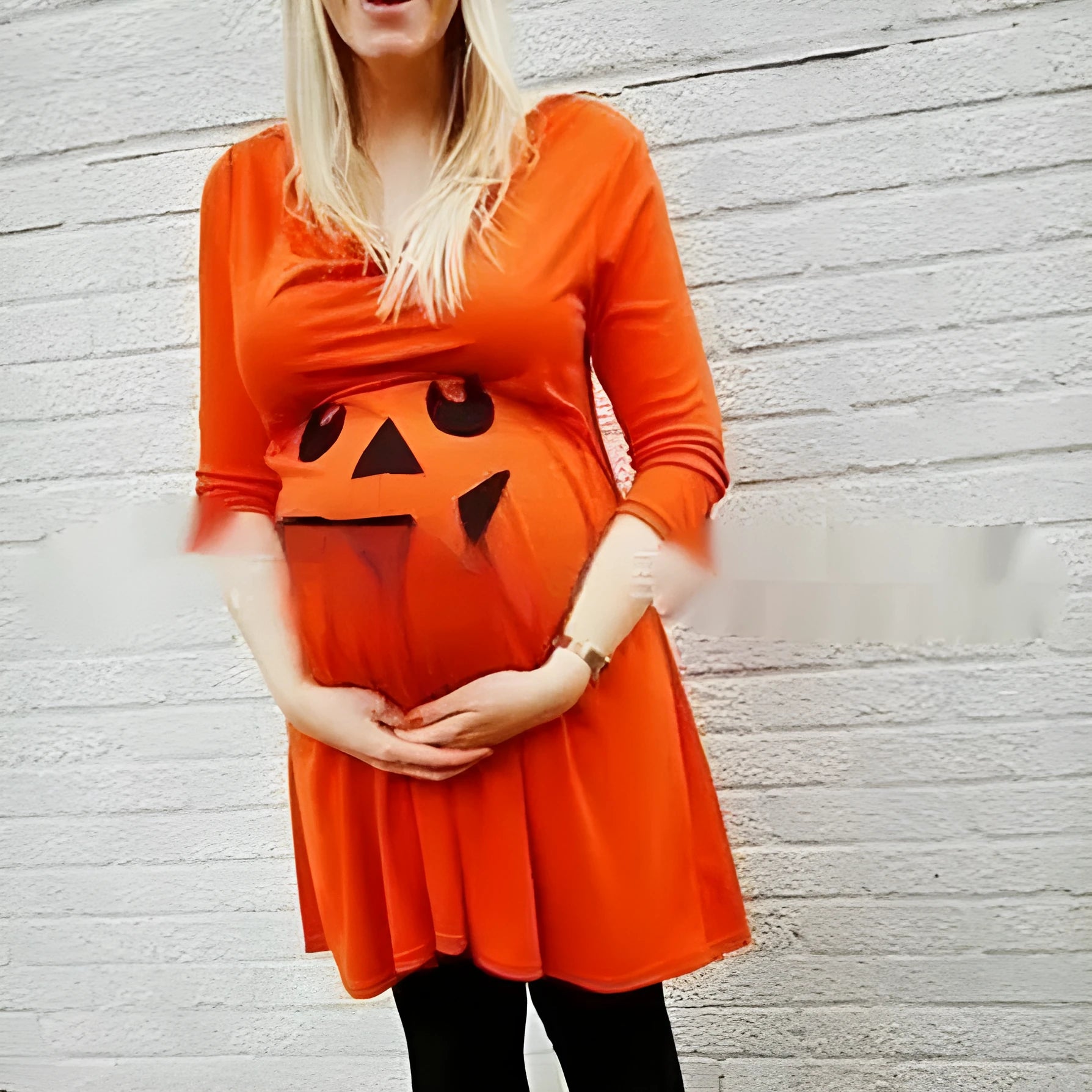 Orange cotton maternity dress for Halloween and seasonal wear, shown in sizes S to 5XL.