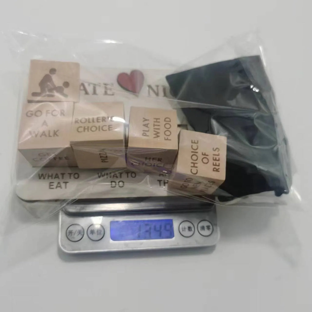 Wooden date night dice set with five dice, planner board and black storage bag for couples