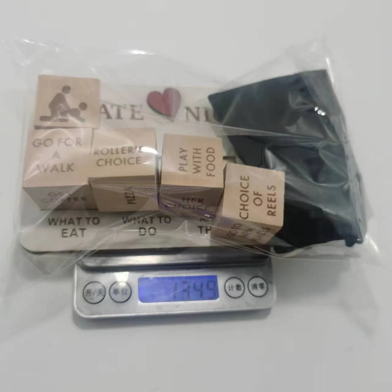 Wooden date night dice set with five dice, planner board and black storage bag for couples