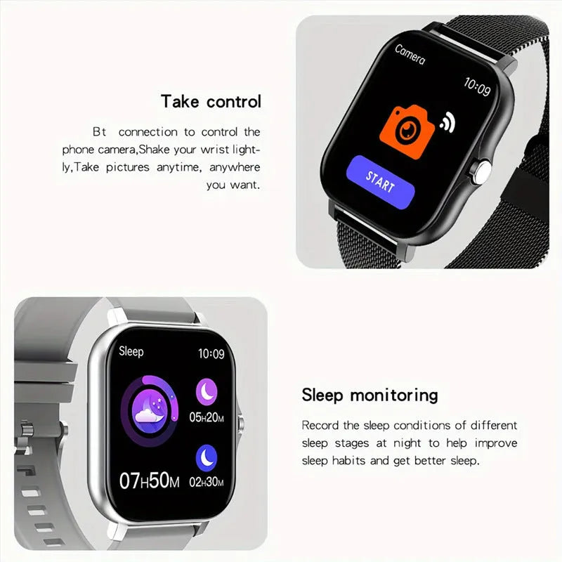 Smart watch with 1.44-inch colour touchscreen and silicone strap, shown in various colour options.