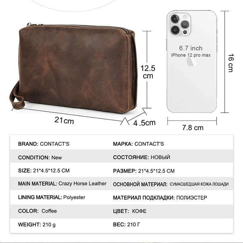 Vintage brown Crazy Horse leather crossbody mobile phone bag for big screen smartphones