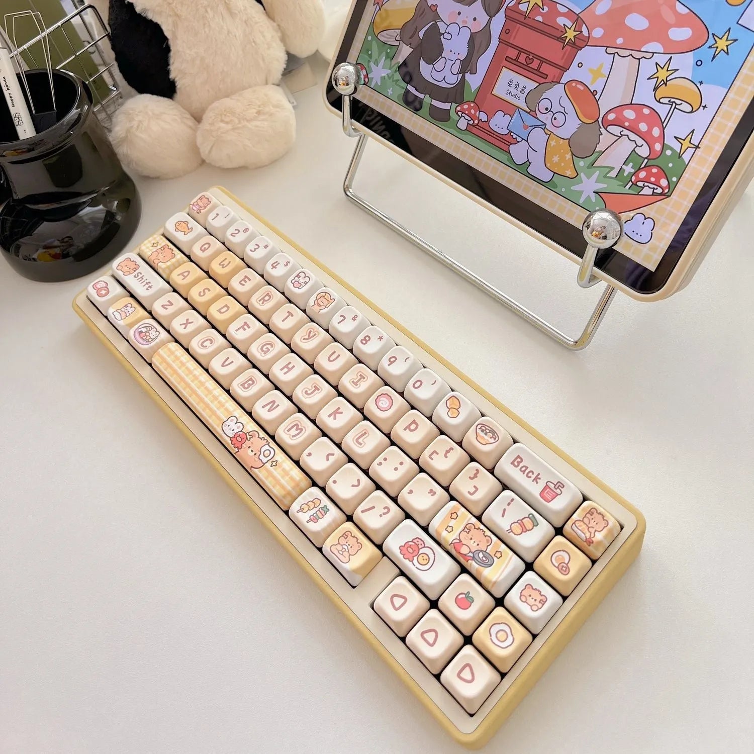 Set of 140 PBT keyboard key caps with Rabbit Bear Restaurant theme in EOA height profile.