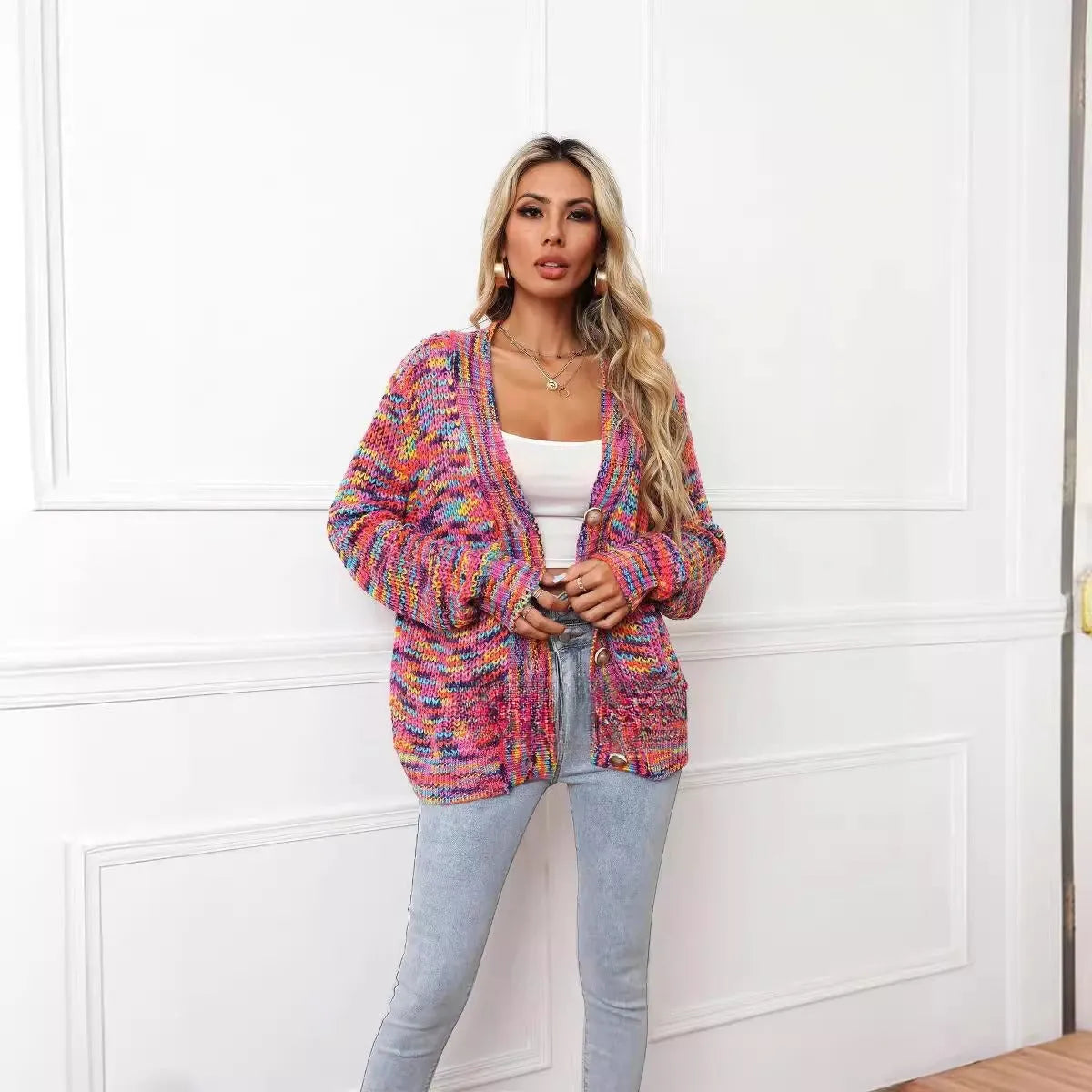 Rose red rainbow mixed colour festival dyed short cardigan knitted coat with loose street fashion styling