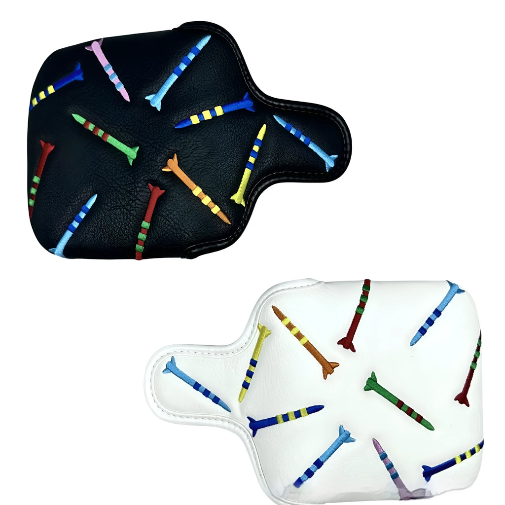 Square golf putter protective sleeve with rocket pattern in black PU leather