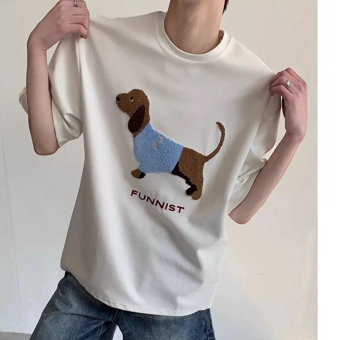 Men's grey cotton T-shirt with sausage dog towel embroidery on front, short sleeves, round neck