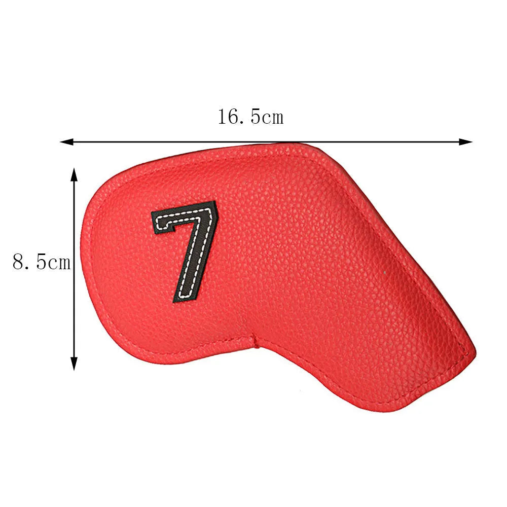 Set of 10 digitally printed PU golf club head covers in assorted designs.