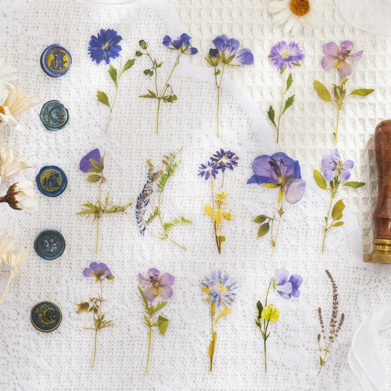 Dried flower journal decoration sticker set showing eight artistic styles on 70mm PET sheets