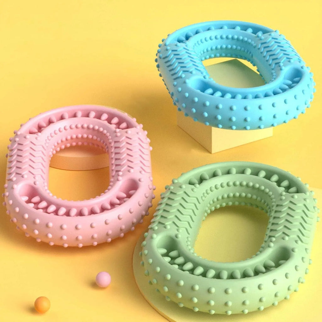 Blue O-ring shaped dog chew toy for aggressive chewers and dental plaque reduction