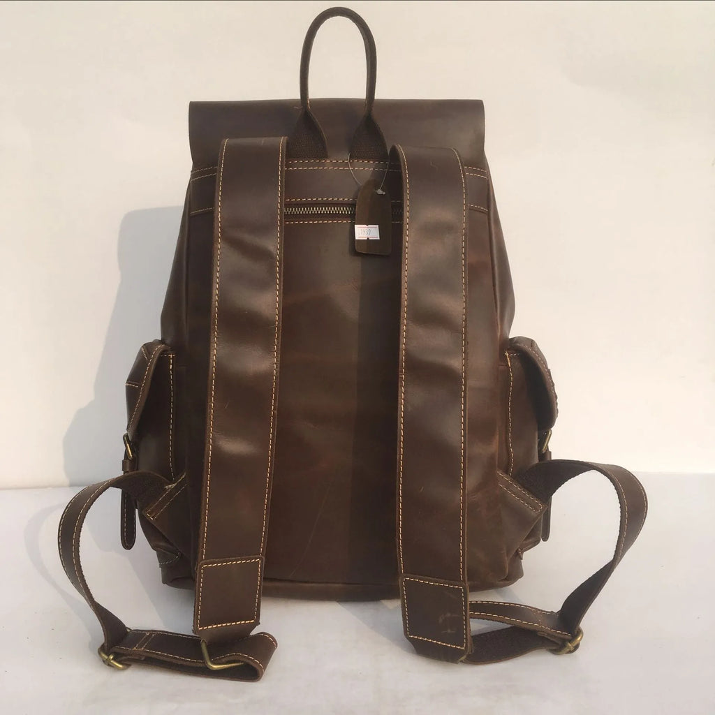 Brown genuine leather men's backpack with air pillow belt system