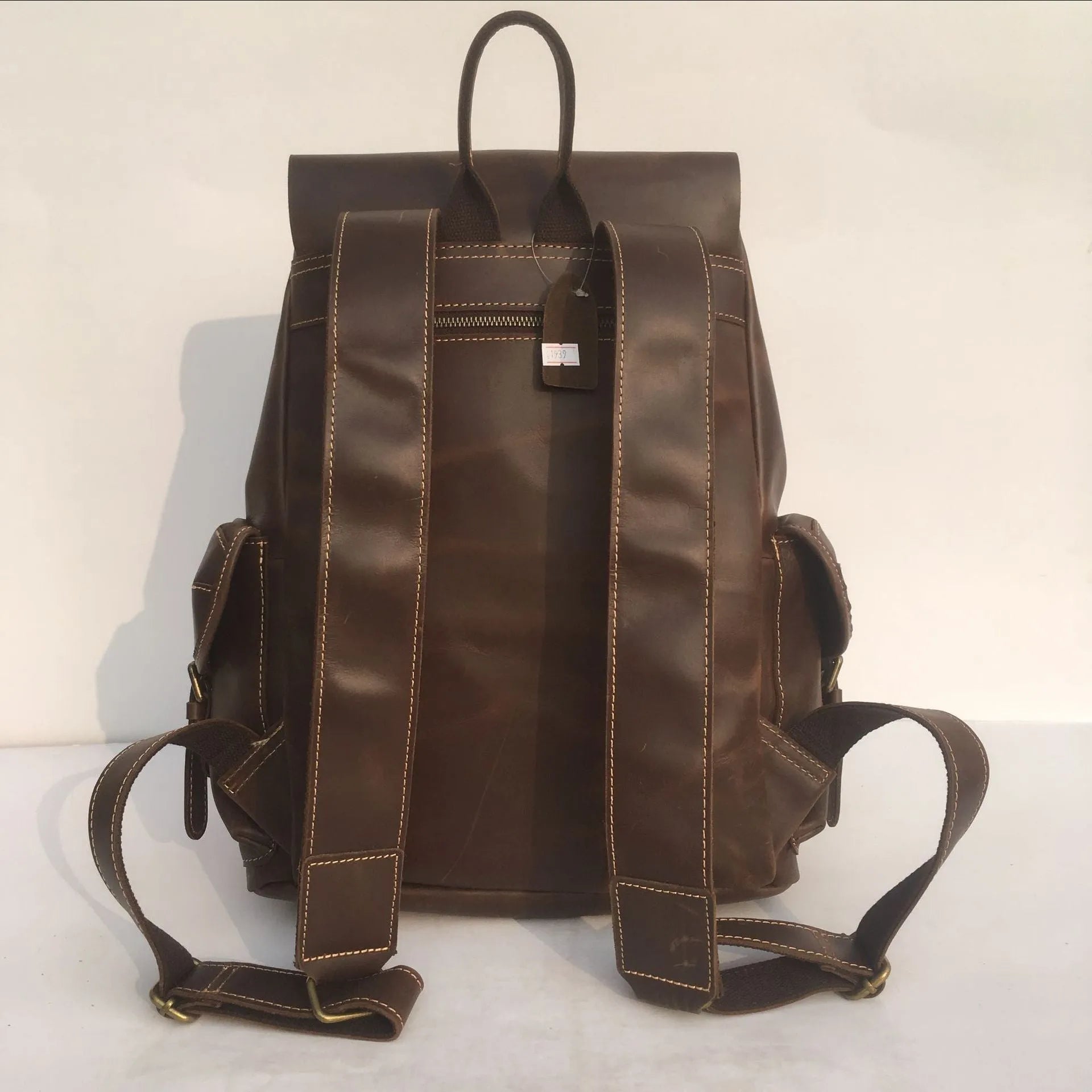 Brown genuine leather men's backpack with air pillow belt system