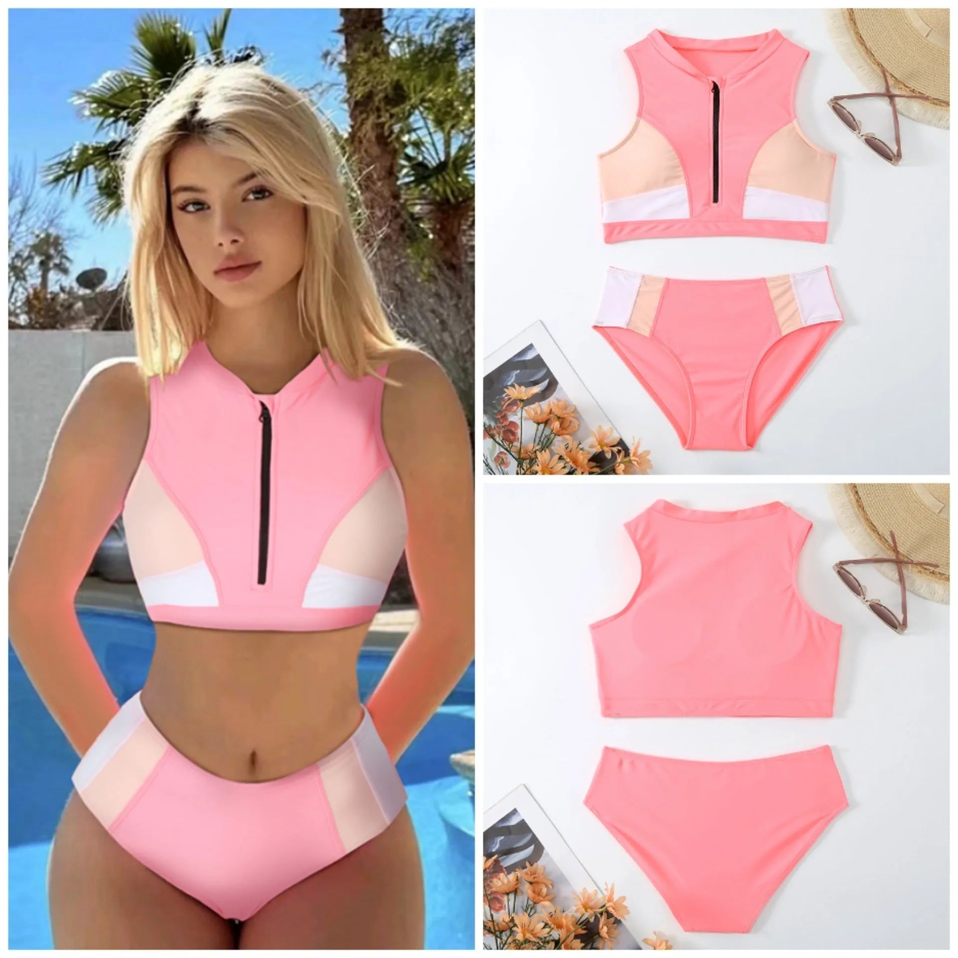 Pink high waist bikini swimsuit with briefs and a bra on a neutral background.