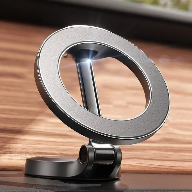 All-metal foldable magnetic car phone mount in Qian colour showing dashboard placement with phone attached