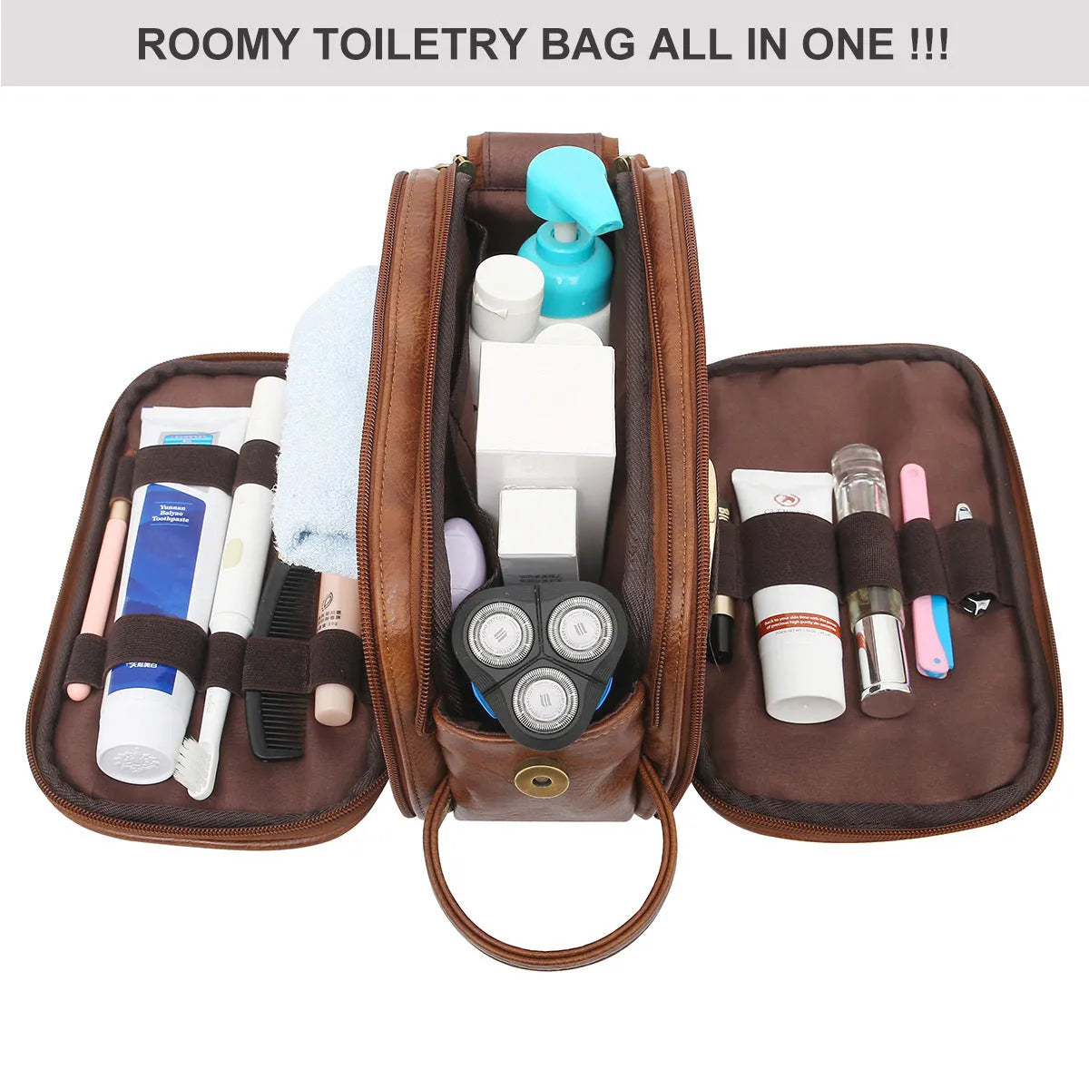Men's black and brown Pu toiletry bag with zippered closure for travel storage