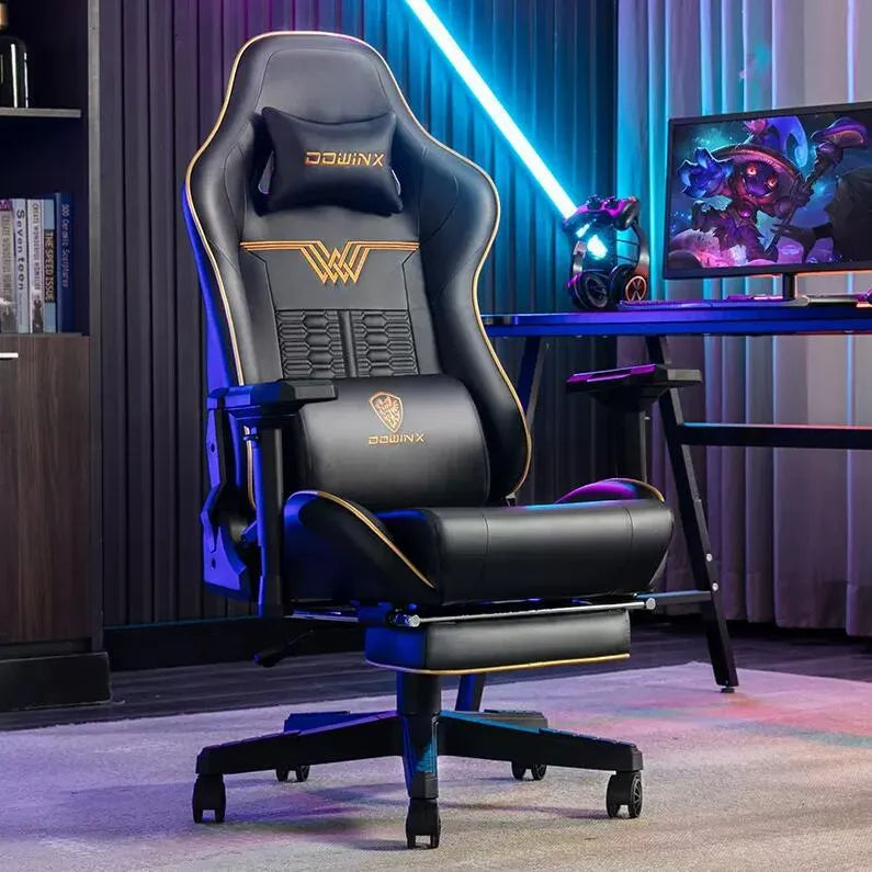 Dowinx Ls-6010 gaming chair in black leather with metal frame and adjustable armrests