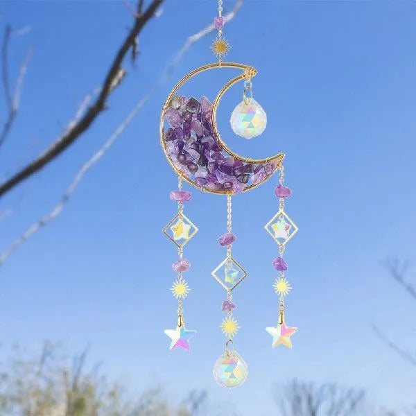Silver metal holder with a large white K9 crystal moon pendant for car rear view mirror.
