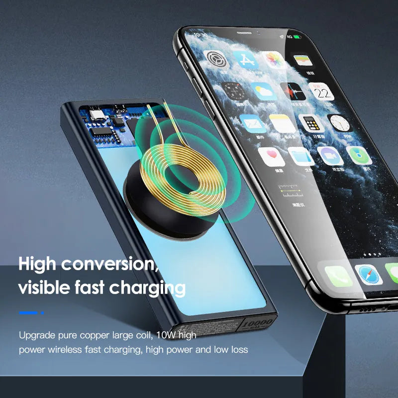 Black and blue aluminium alloy wireless power bank with 10000mAh capacity
