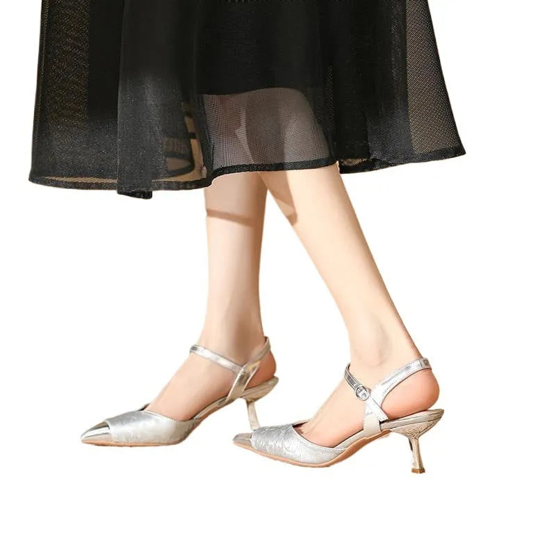 Women's genuine leather high-heeled sandals with pointed toe and 6cm heel in four colours.