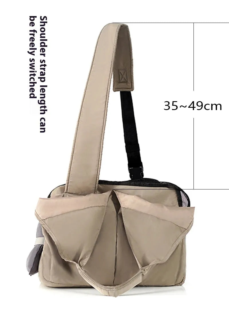 Apricot cloth pet carrier bag measuring 41x16x28cm with handbag-style design