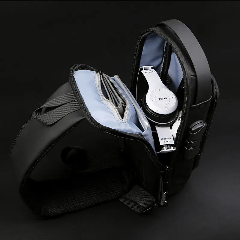 Men's black PU leather motorcycle chest bag with password lock and zipper opening