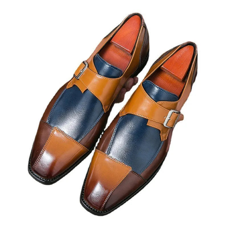 Men's brown blue retro casual shoes with tall crown and buckle detail on microfiber upper.