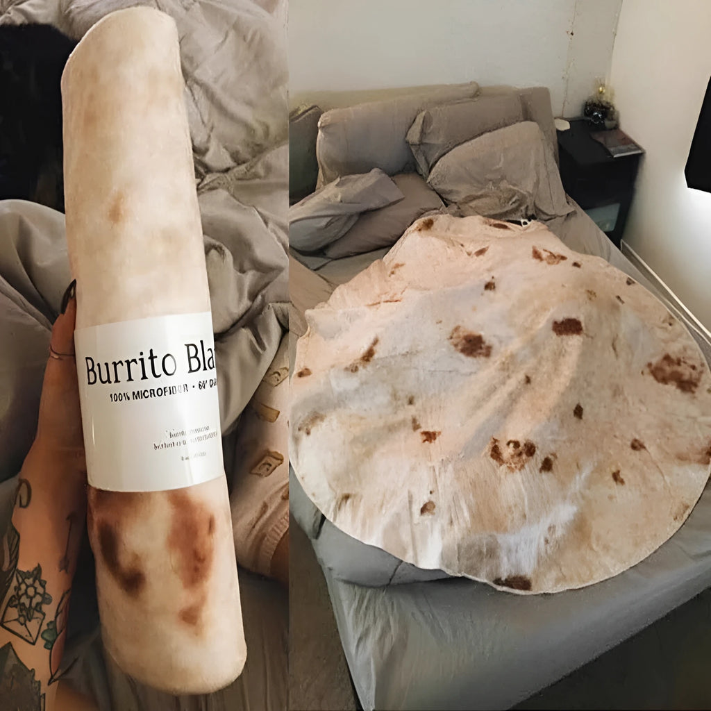 Round coral fleece burrito blanket with food print, shown in a folded pile.