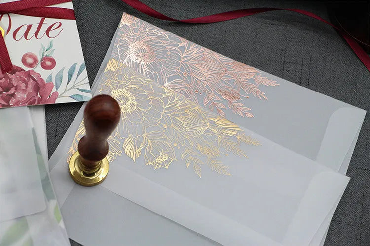 Sulfuric acid paper invitation cards with bronzing matte varnish in gold and rose gold colours