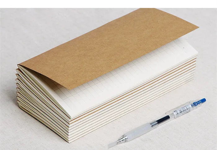 Travel cowhide diary refill notebook showing 11x21cm size and saddle stitch binding