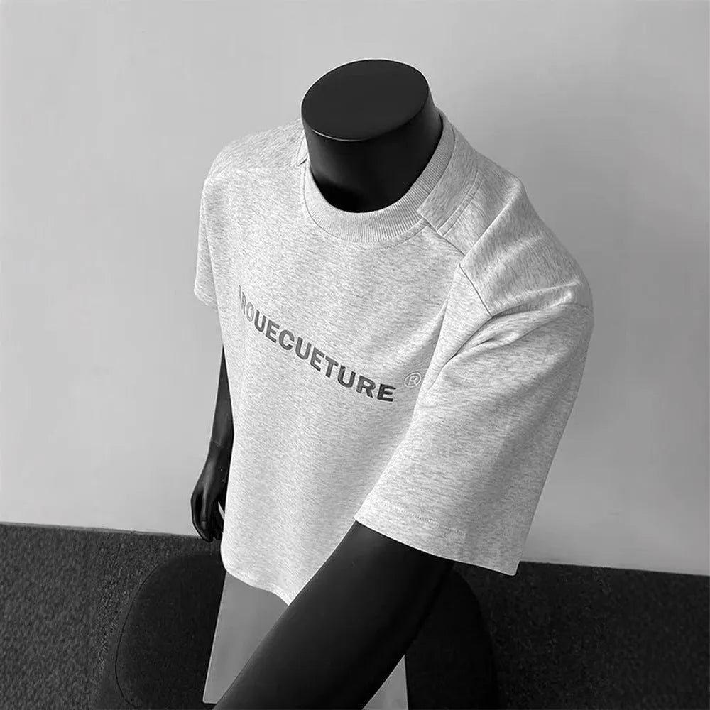 Men's white cotton short sleeve t-shirt with black printed letters, loose fit pullover style