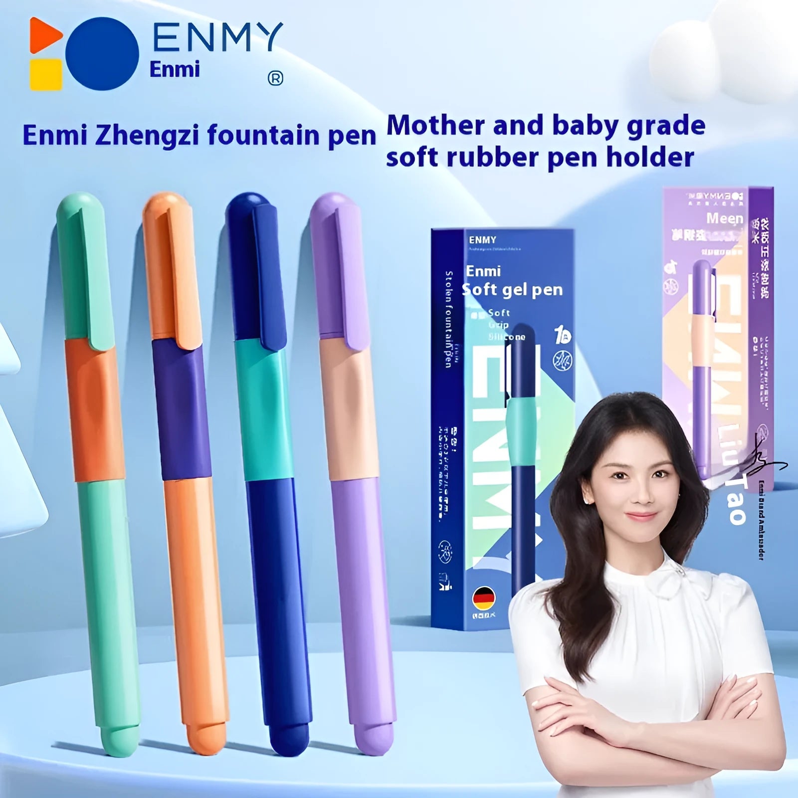 Student Posture Correction Pen with triangular grip in blue, green, purple, and orange options.